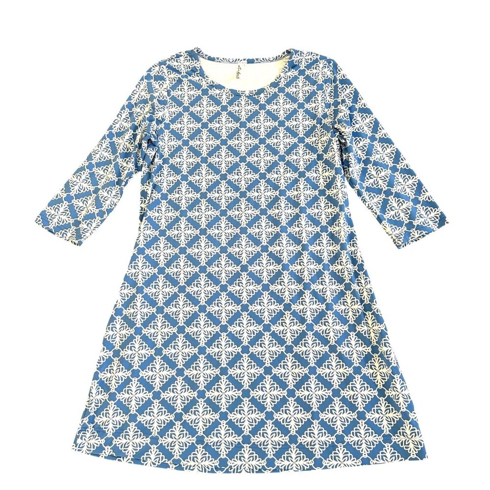 Lulu B Womens Sz S Blue & White Geo Print 3/4 Sleeve A-Line Casual Dress